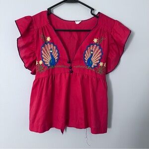 Vintage embroidered peacock babydoll top. Small